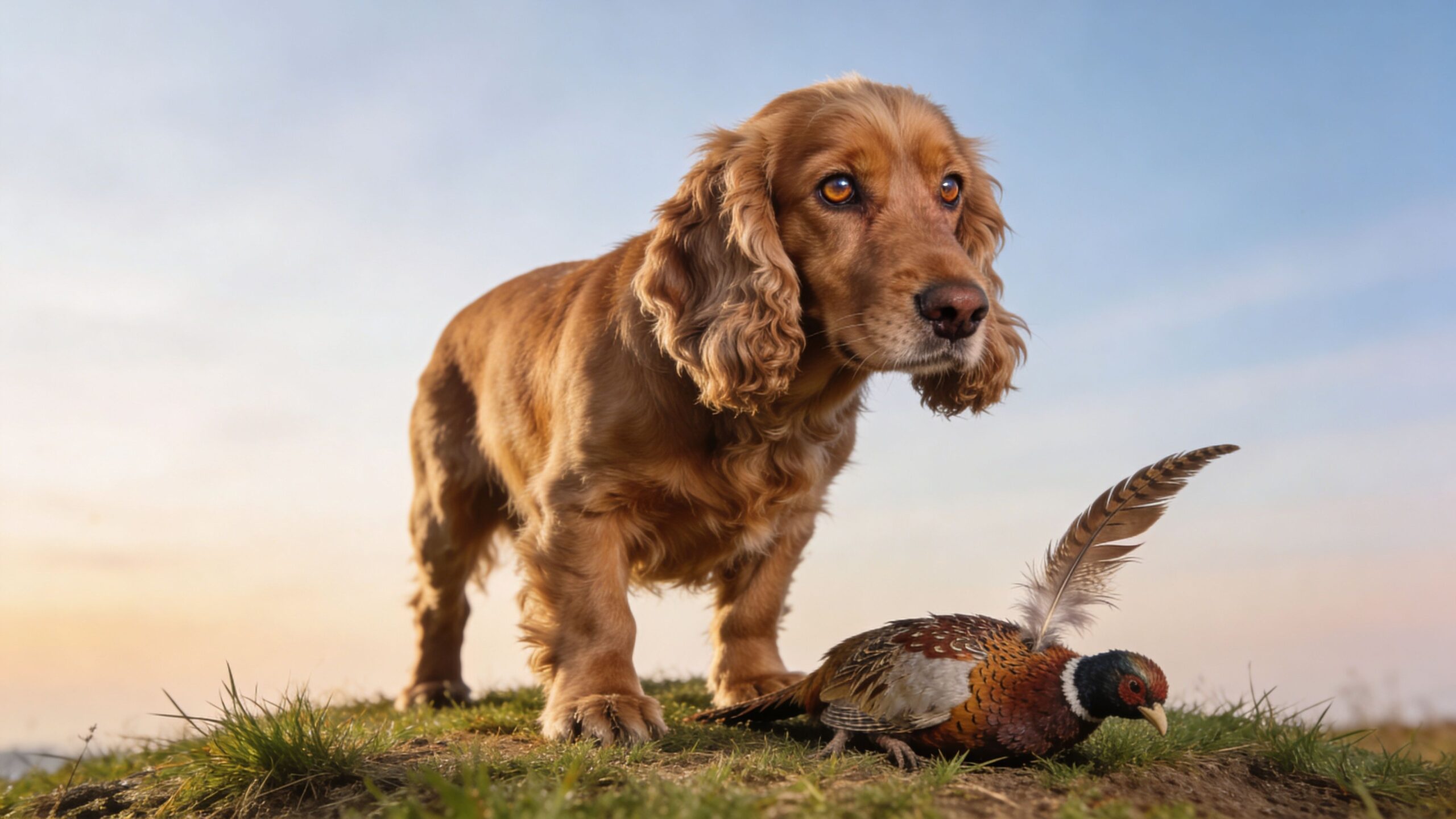 A majestic golden Cocker Spaniel standing proudly next to a pheasant on a grassy hill outdoors.