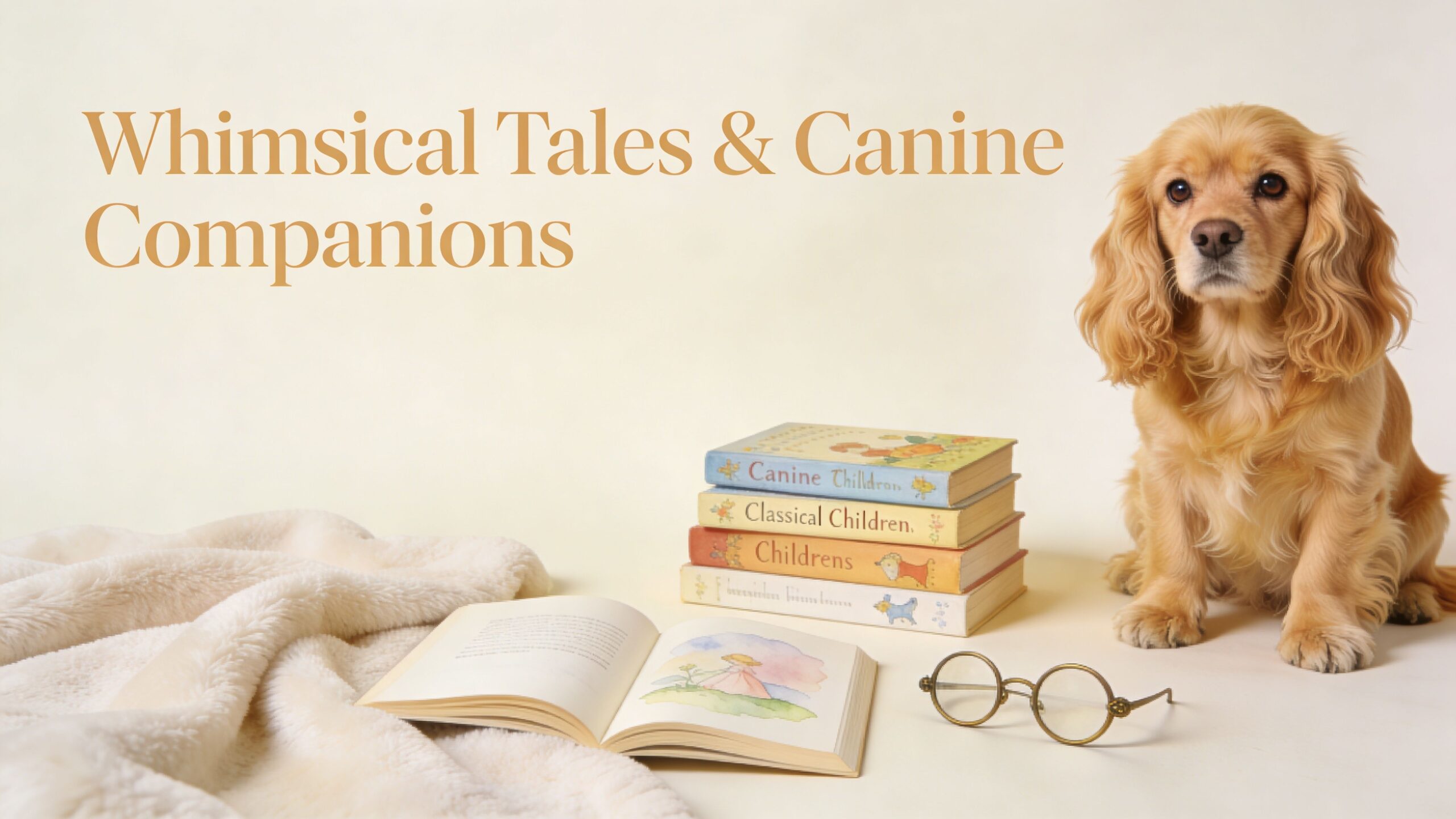 A fluffy cocker spaniel sits beside a stack of children's books, an open book, and vintage glasses.