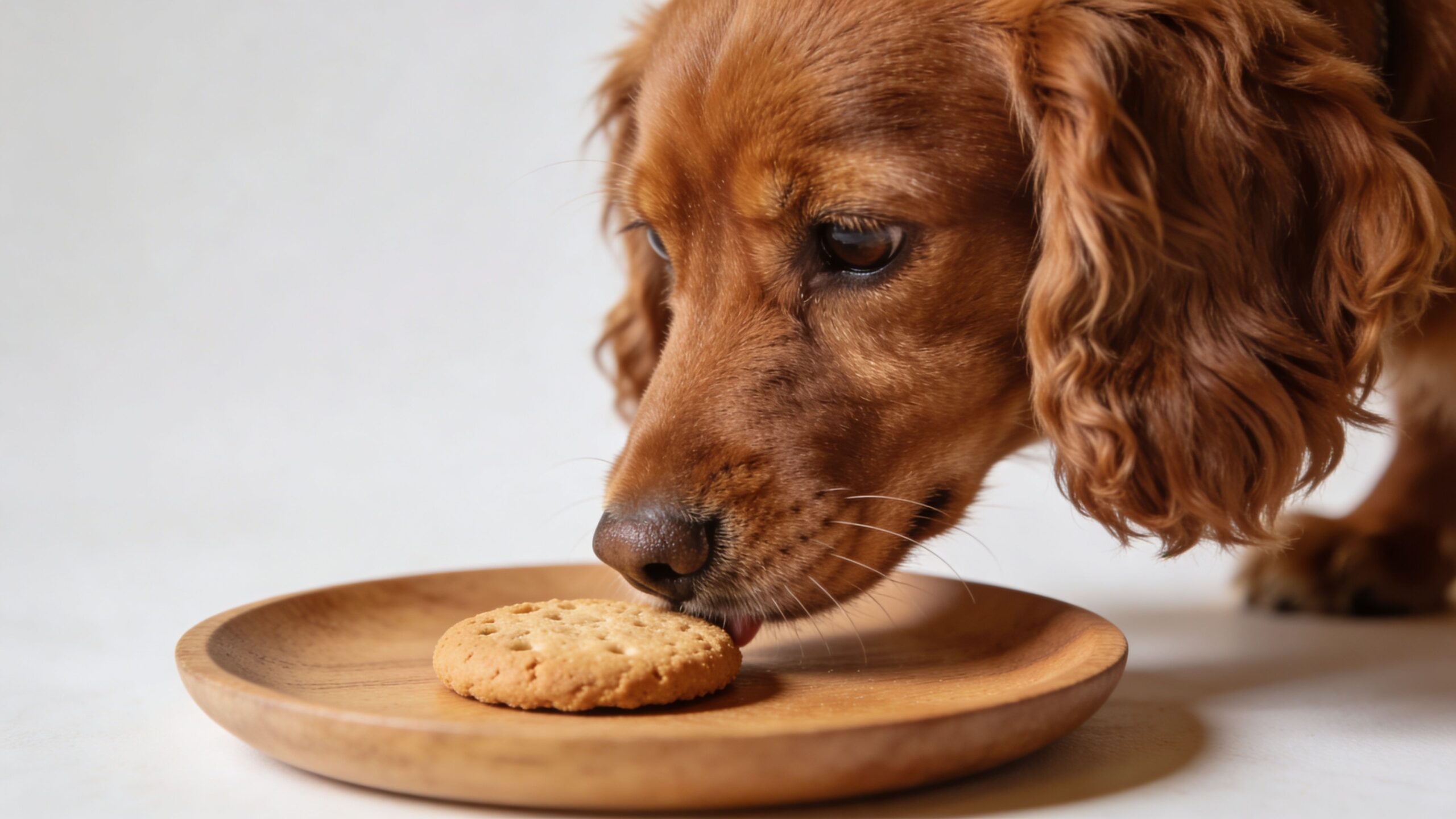 A brown cocker spaniel gently sniffing a round cookie placed on a wooden plate.