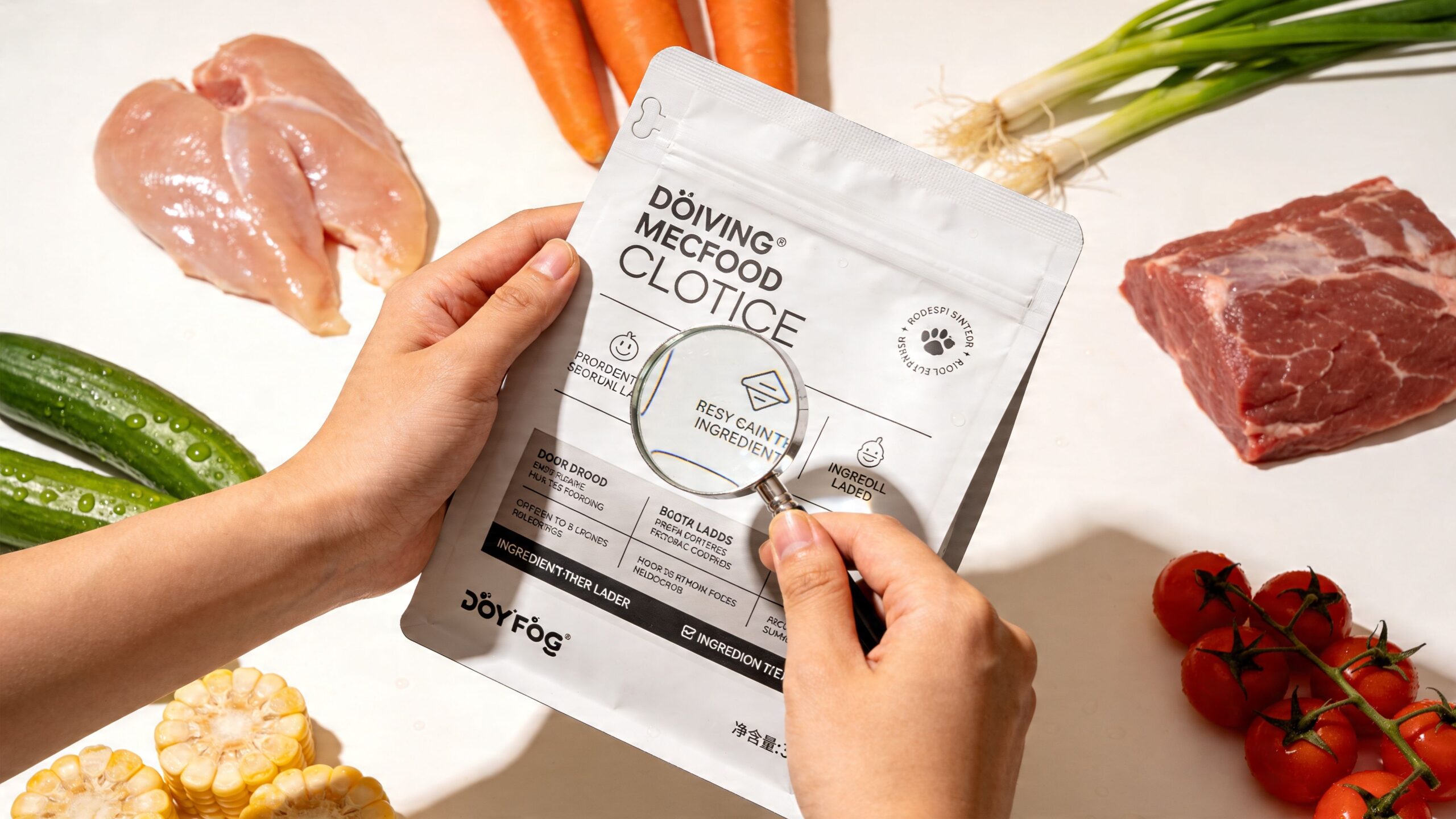 A person holding a bag of grain-free dog food with a magnifying glass over the ingredient label.