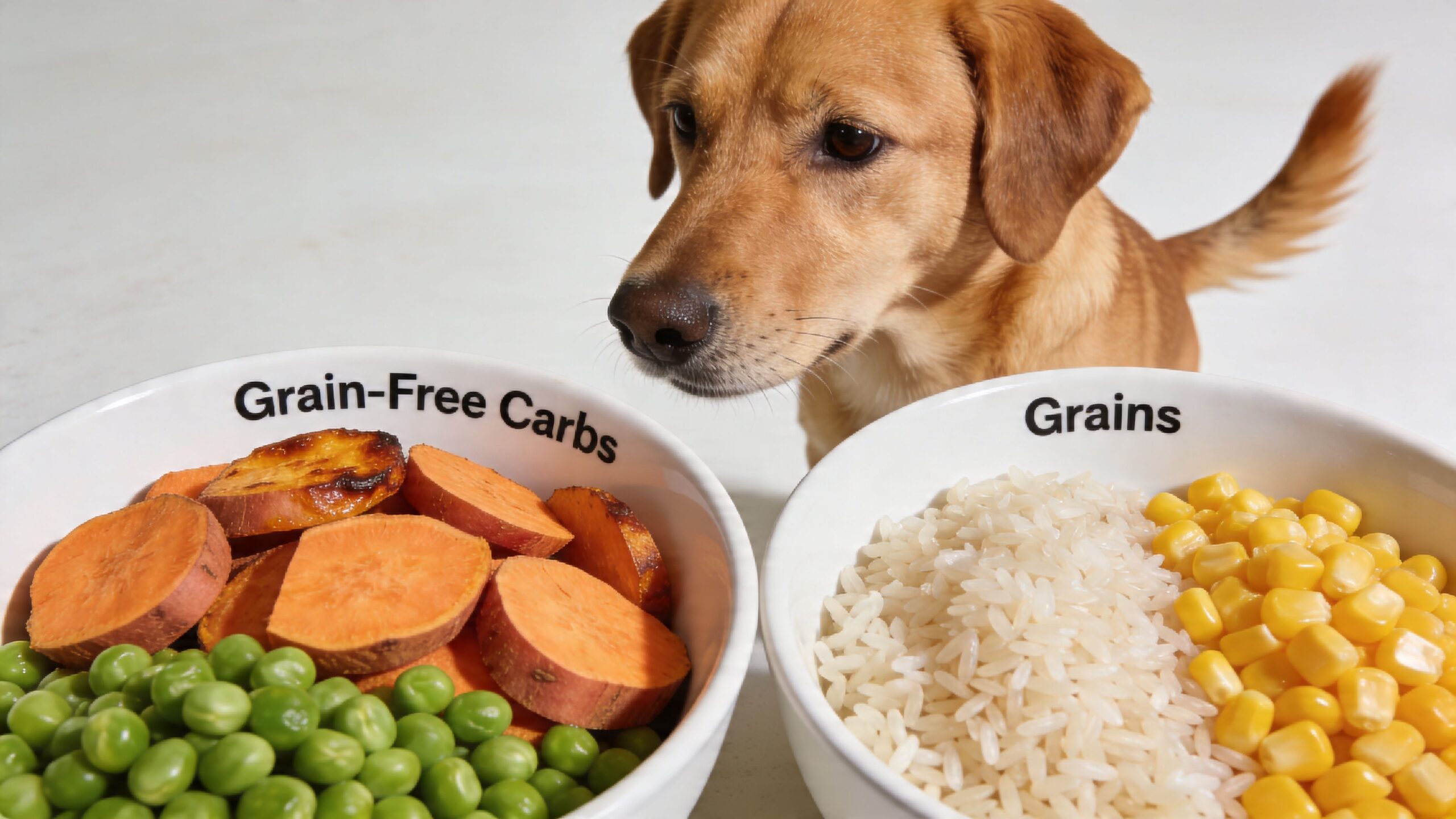 A brown dog looking at two bowls containing different dog food options: grain-free carbs and grains.