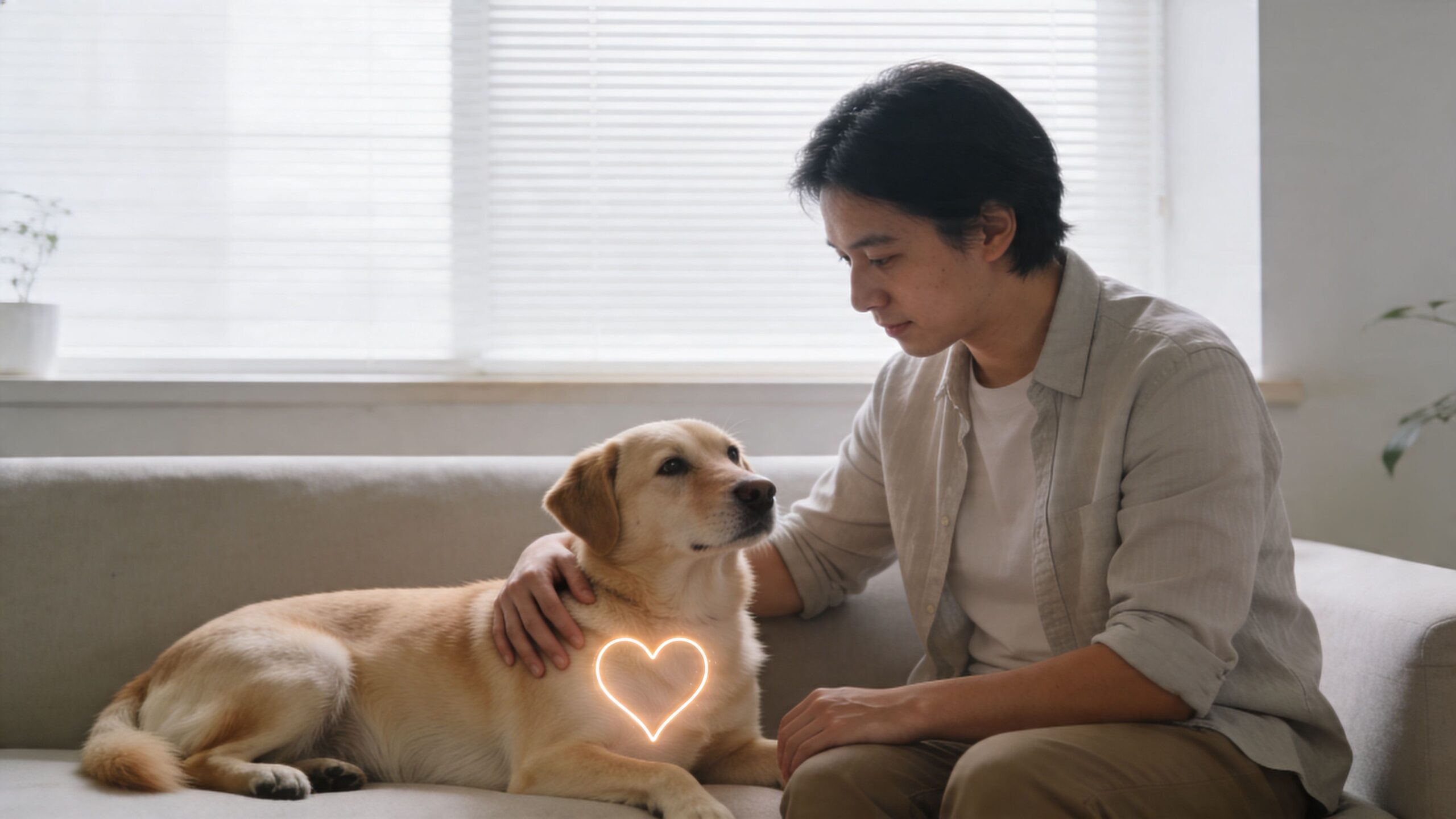 A young man sits on a sofa, gently petting his happy golden-colored dog at home.