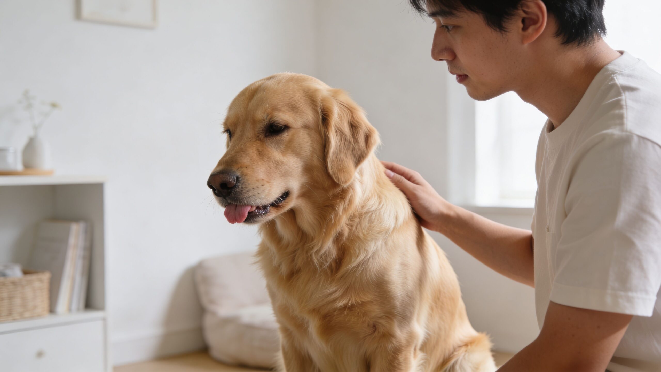 A young man gently petting his golden retriever dog while sitting together in a cozy home.