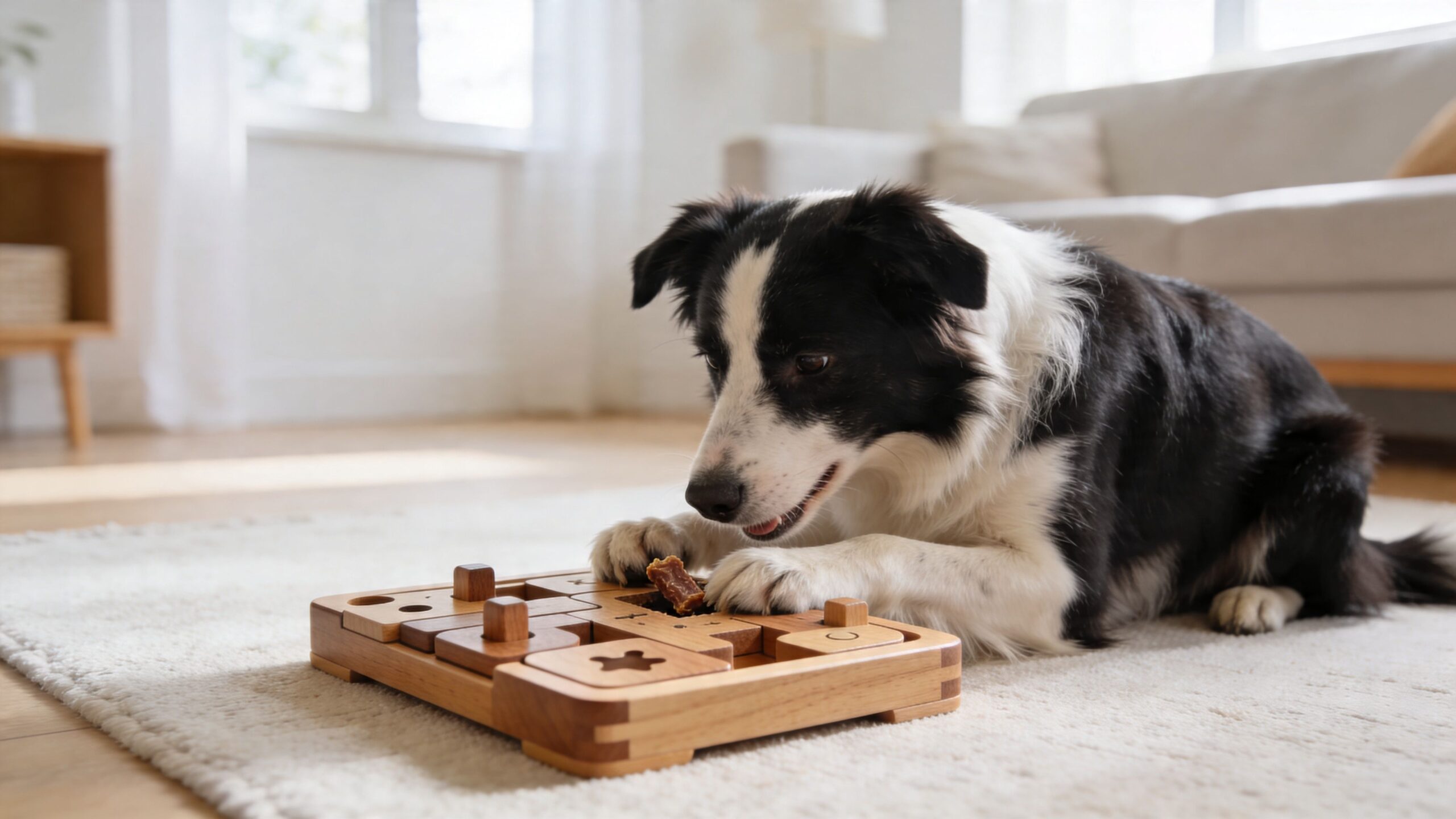 A black and white Border Collie dog using a wooden puzzle toy to retrieve a treat indoors.