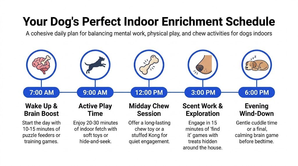 A schedule infographic for daily indoor dog enrichment, featuring activity icons from morning to evening.