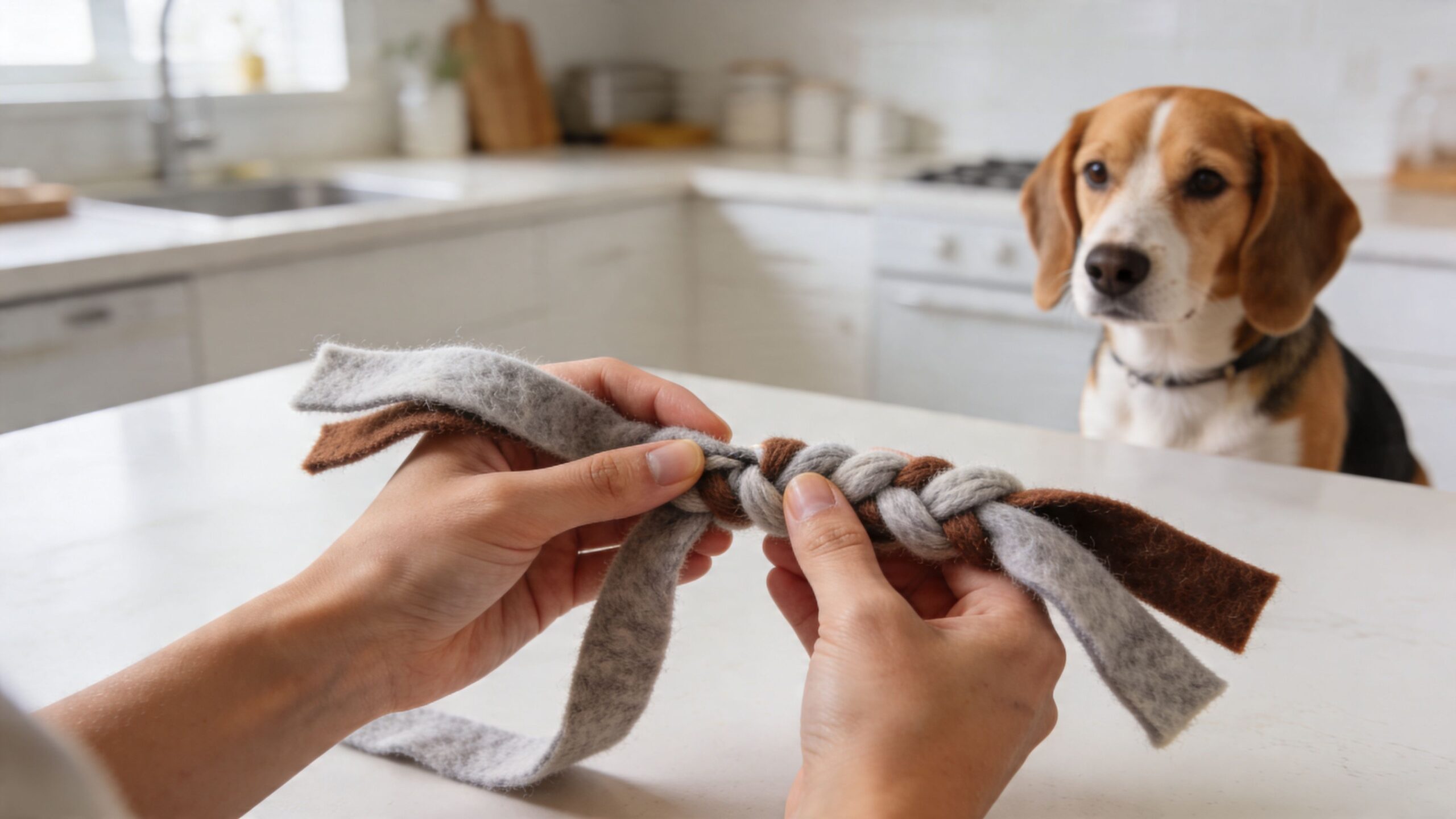 A person crafting a handmade braided dog toy from felt strips while a beagle watches attentively.