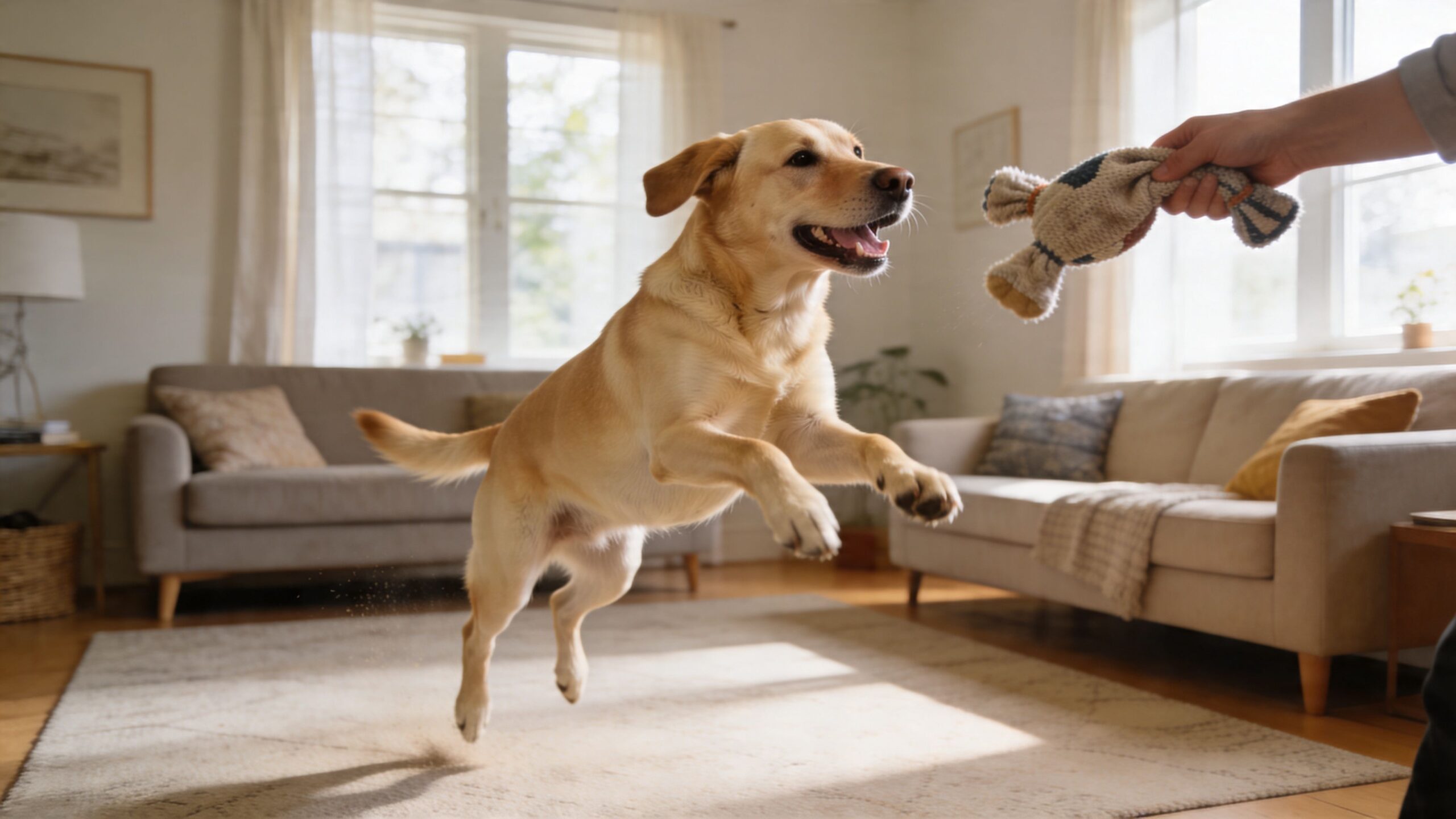 A playful Labrador Retriever jumping in a living room to catch a toy held by a person.