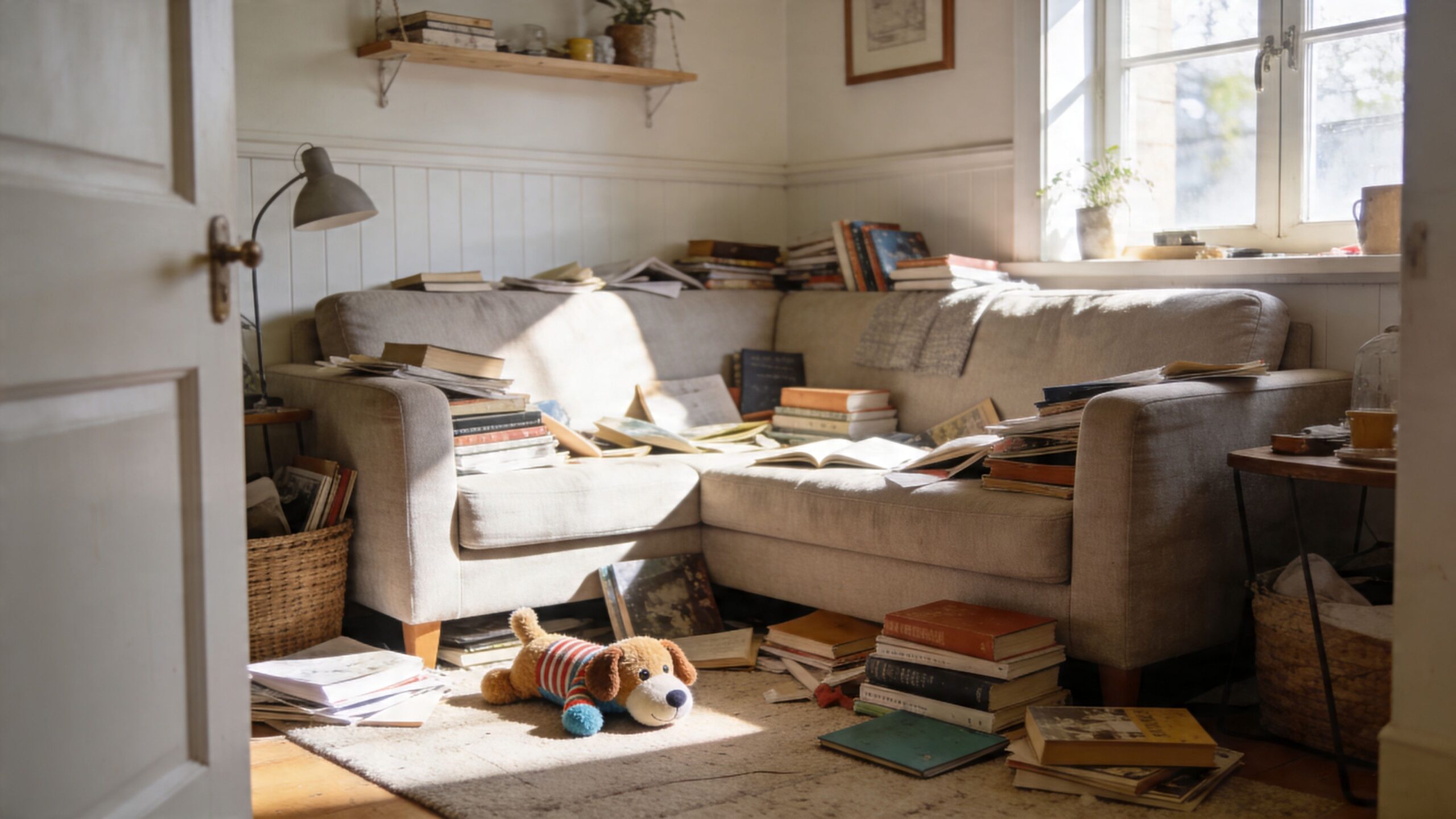 A cozy, sunlit small living room featuring a comfortable sofa cluttered with many books and papers.