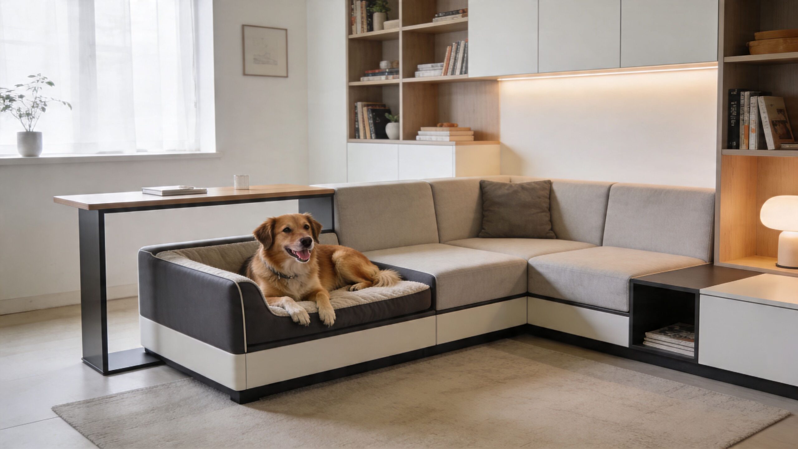 A golden dog resting on a modern modular sectional sofa with an integrated pet bed and desk.