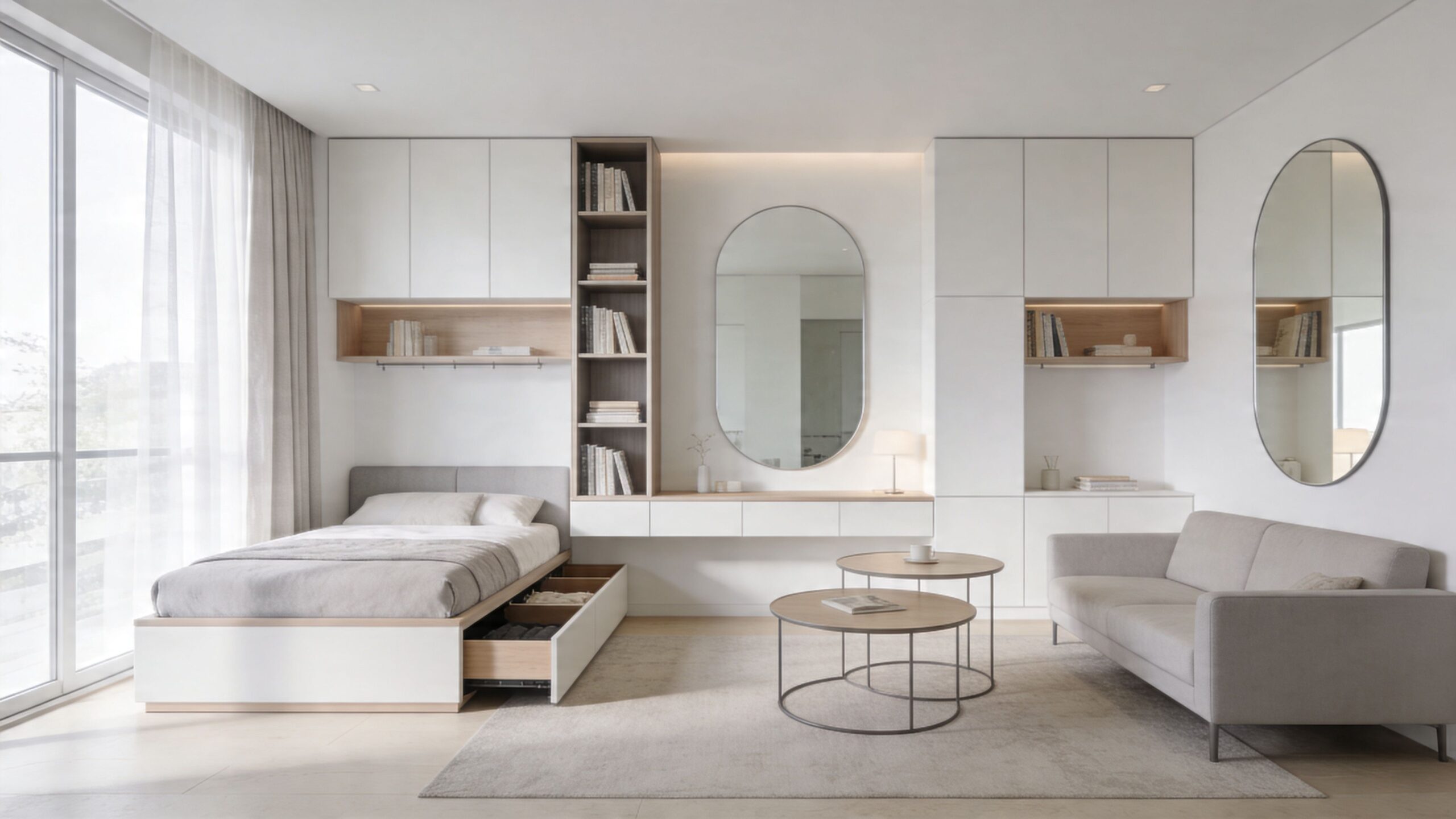 A modern, minimalist bedroom and living room studio apartment featuring a bed, sofa, and clean wooden accents.