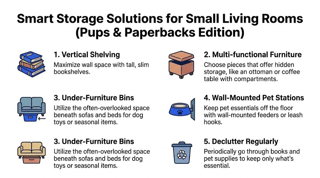 An infographic titled Smart Storage Solutions for Small Living Rooms showing five tips for organizing small spaces.