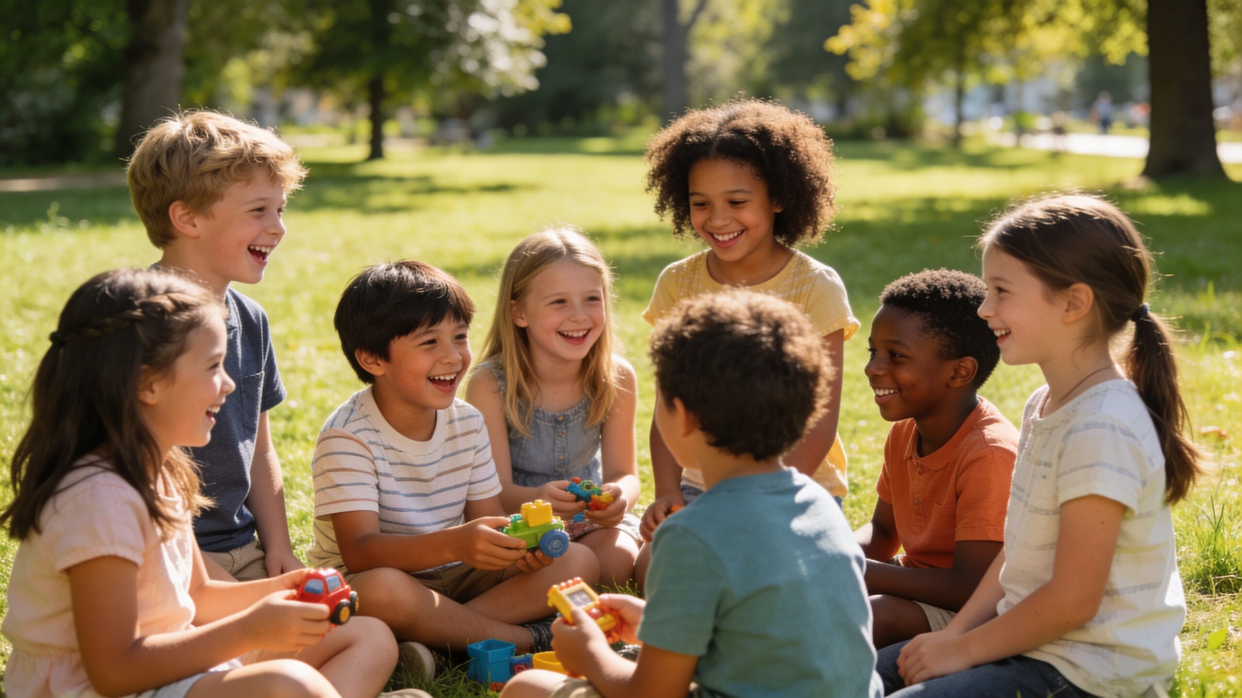 A diverse group of happy children sitting on the grass in a park, playing with colorful toys.