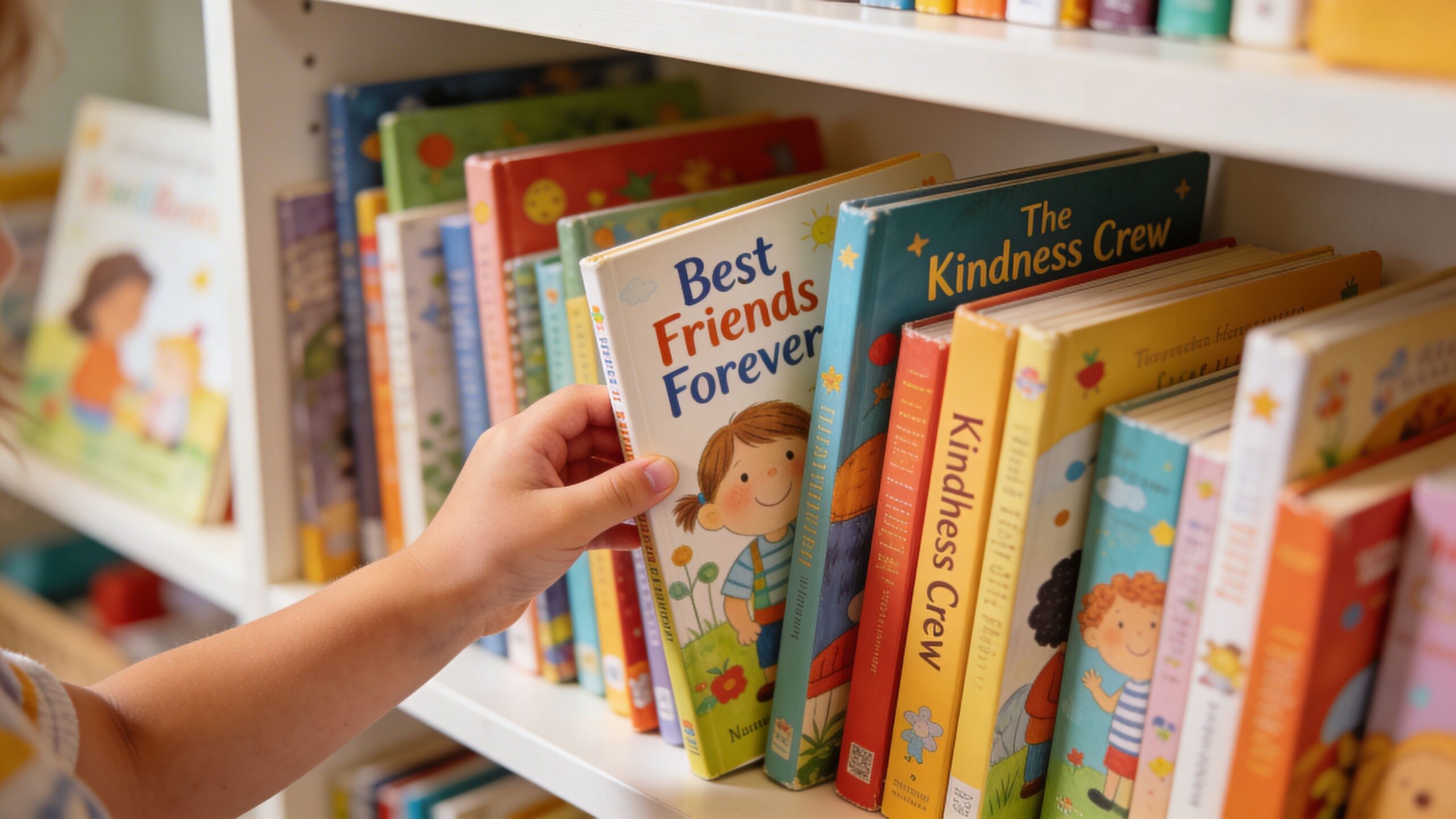 A child's hand picks out a book titled Best Friends Forever from a shelf of colorful children's books.