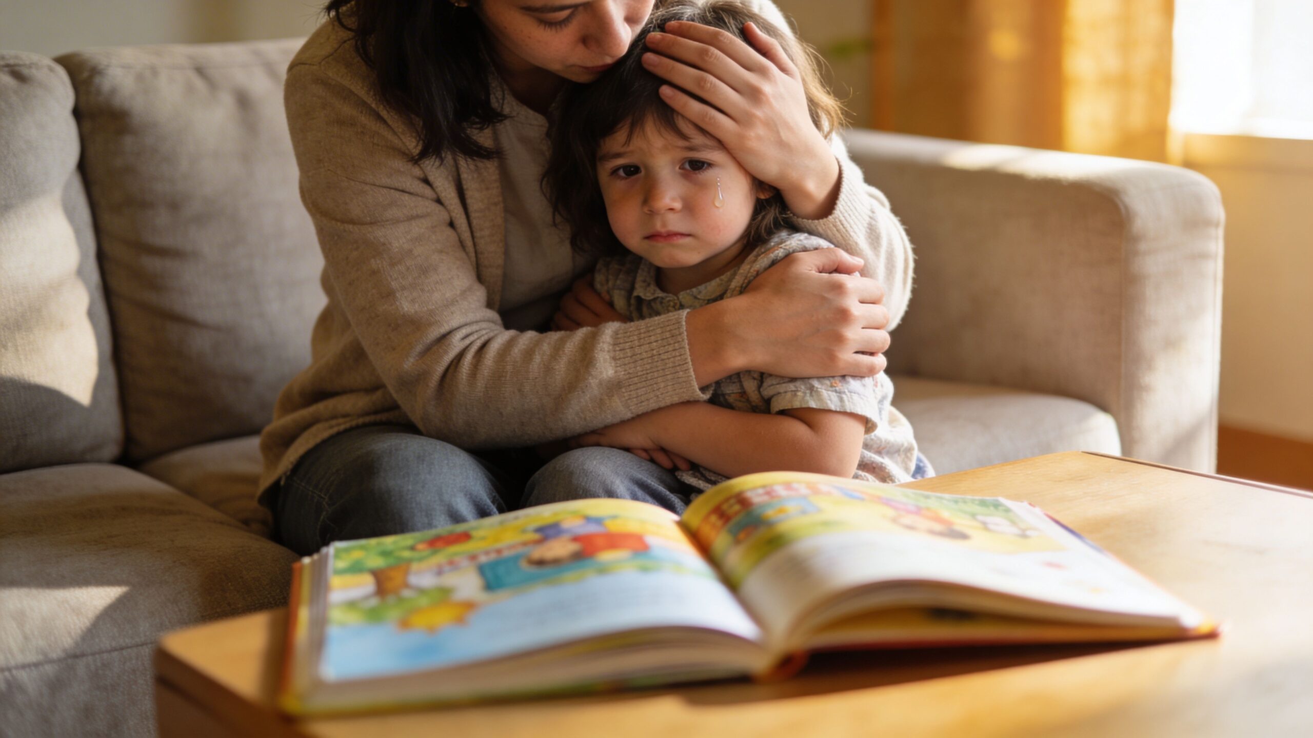 A caring mother comforts her young, crying daughter who is sitting beside an open illustrated children's book.
