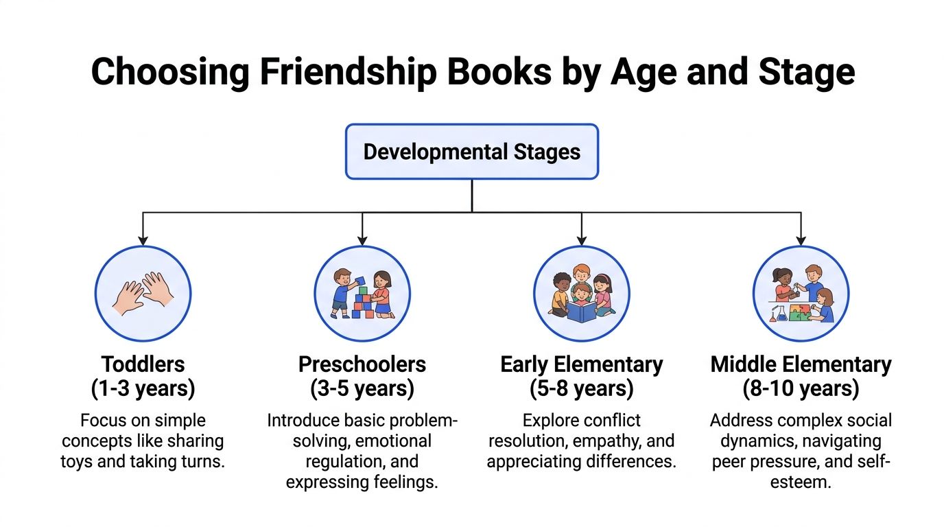 An infographic showing developmental stages for selecting friendship-themed books for children from toddlers to middle elementary age.