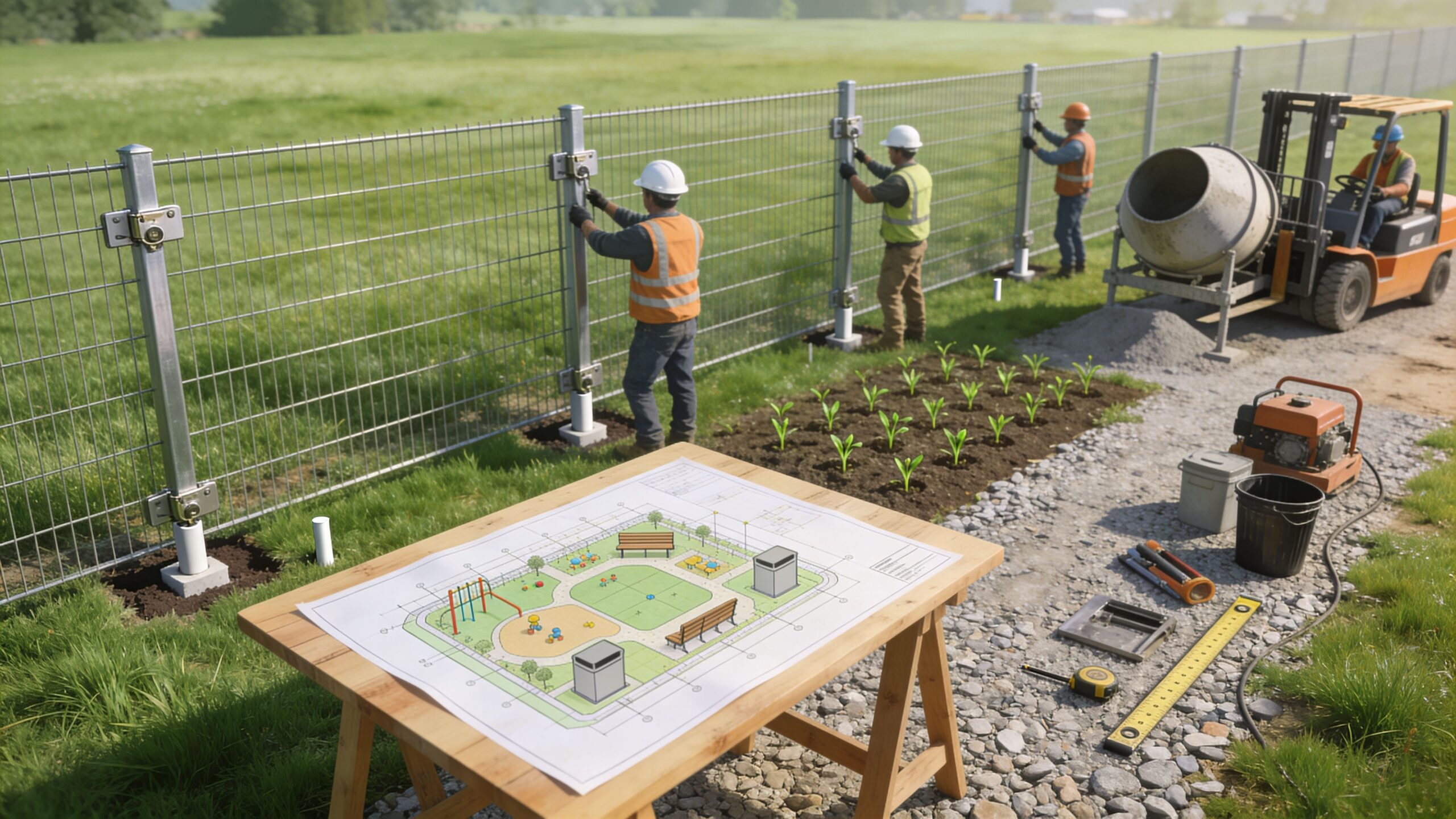 Construction workers installing a metal mesh fence next to a wooden table with a park blueprint.