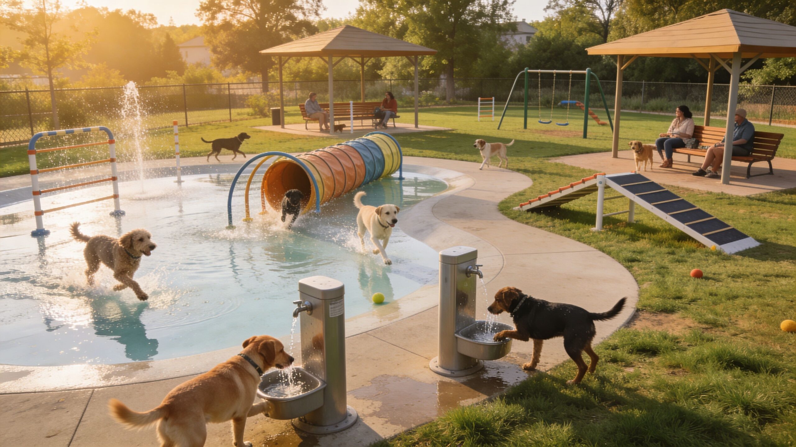 Several dogs playing and drinking water in a sunny, fenced private dog park with agility equipment.