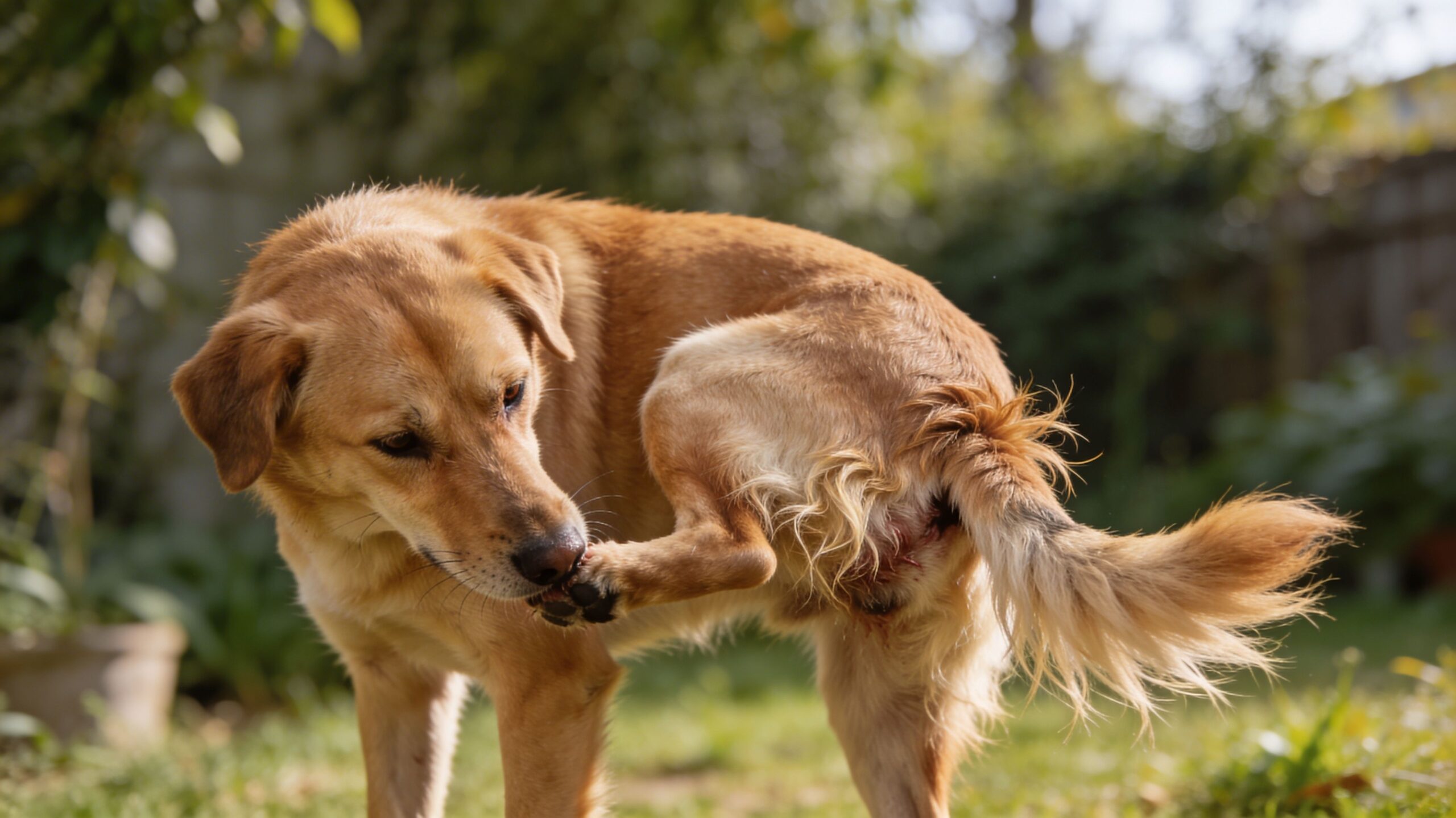 A golden dog standing outdoors looking back and biting its own tail due to an injury.