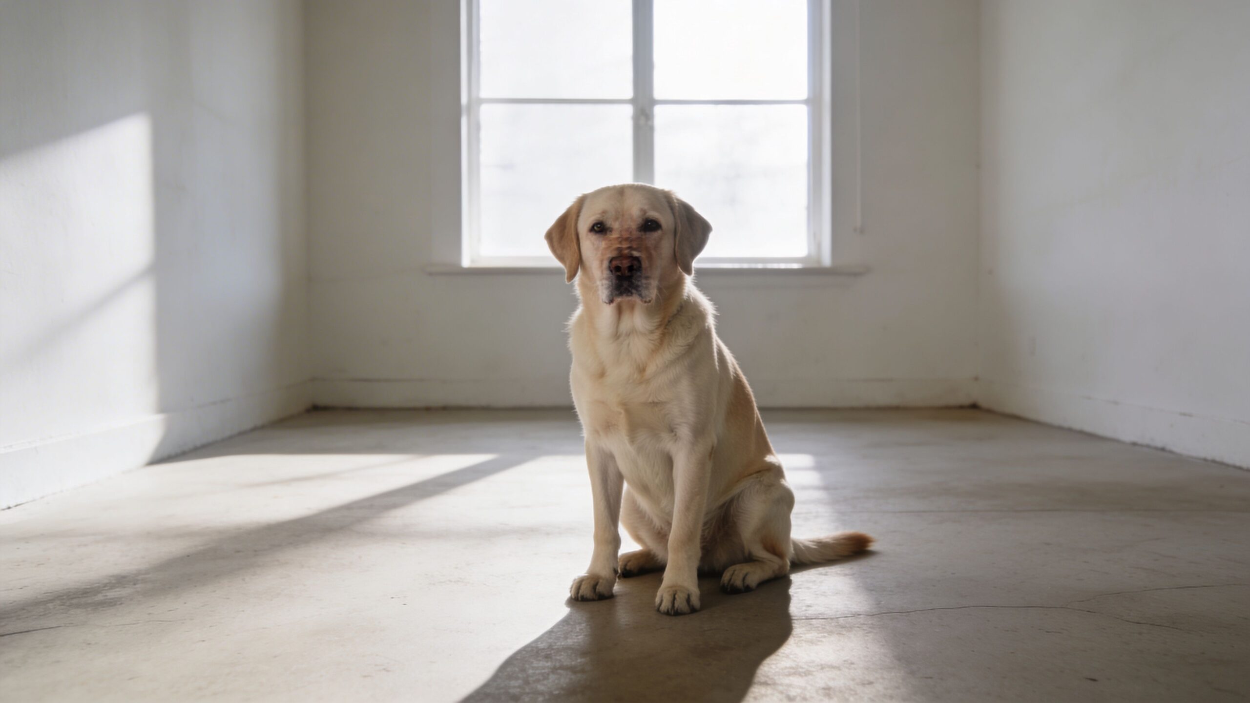 A light-colored Labrador Retriever sitting attentively on a concrete floor in a bright, minimalist room.