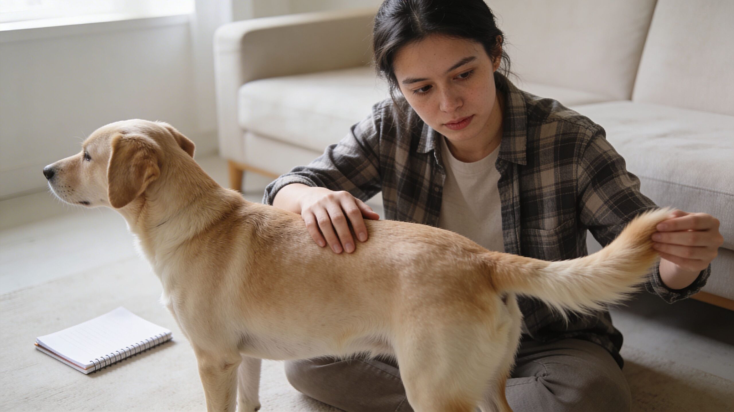 A young woman sitting on the floor gently holding her golden Labrador retriever's tail.