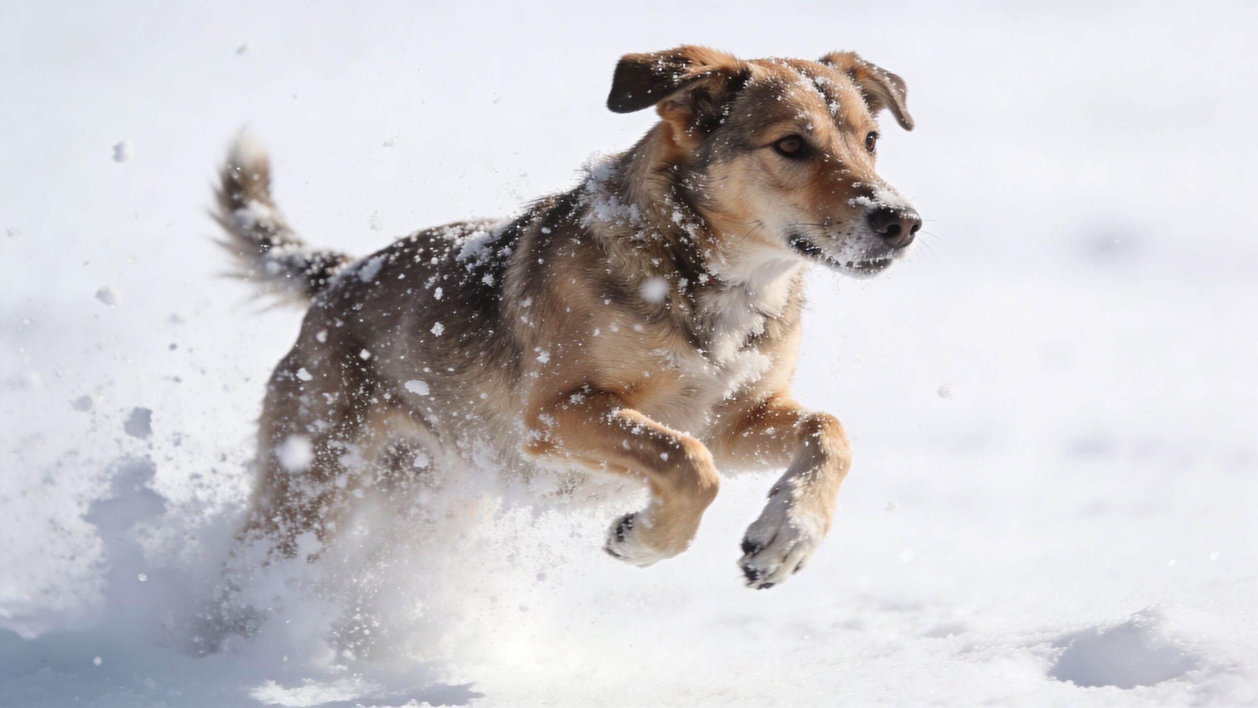 A happy brown and tan dog runs joyfully through fresh white snow on a winter day