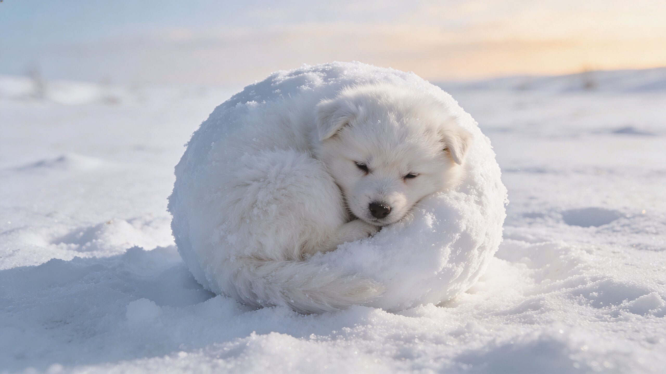 A fluffy white puppy curled up into a ball while sleeping peacefully in the snowy field.