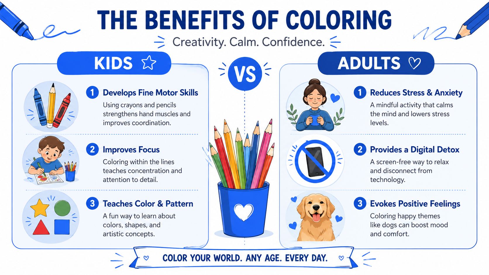 An infographic comparing the benefits of coloring for both kids and adults using colorful illustrations.