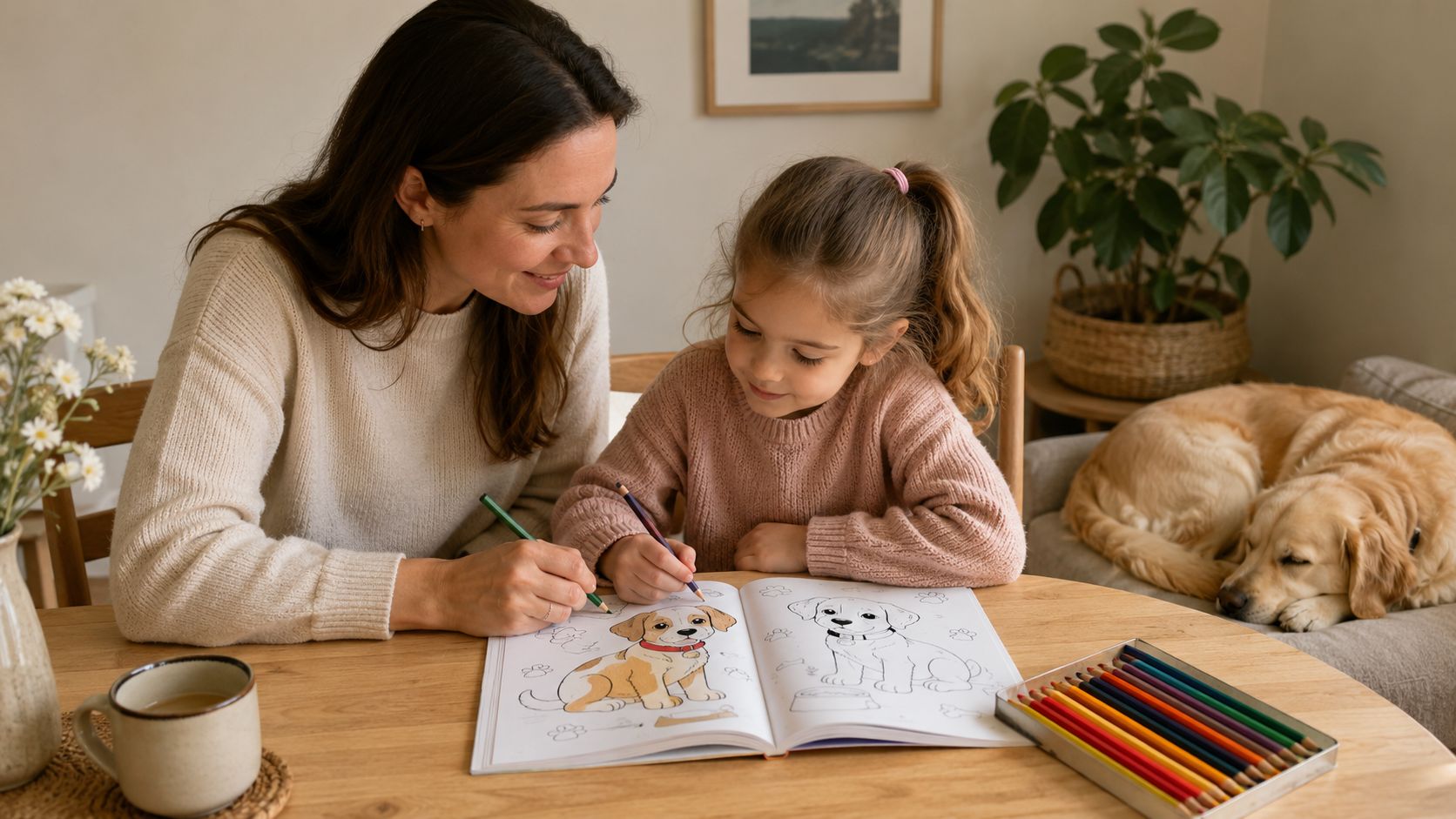 A mother and her young daughter sit at a wooden table together coloring a dog book.