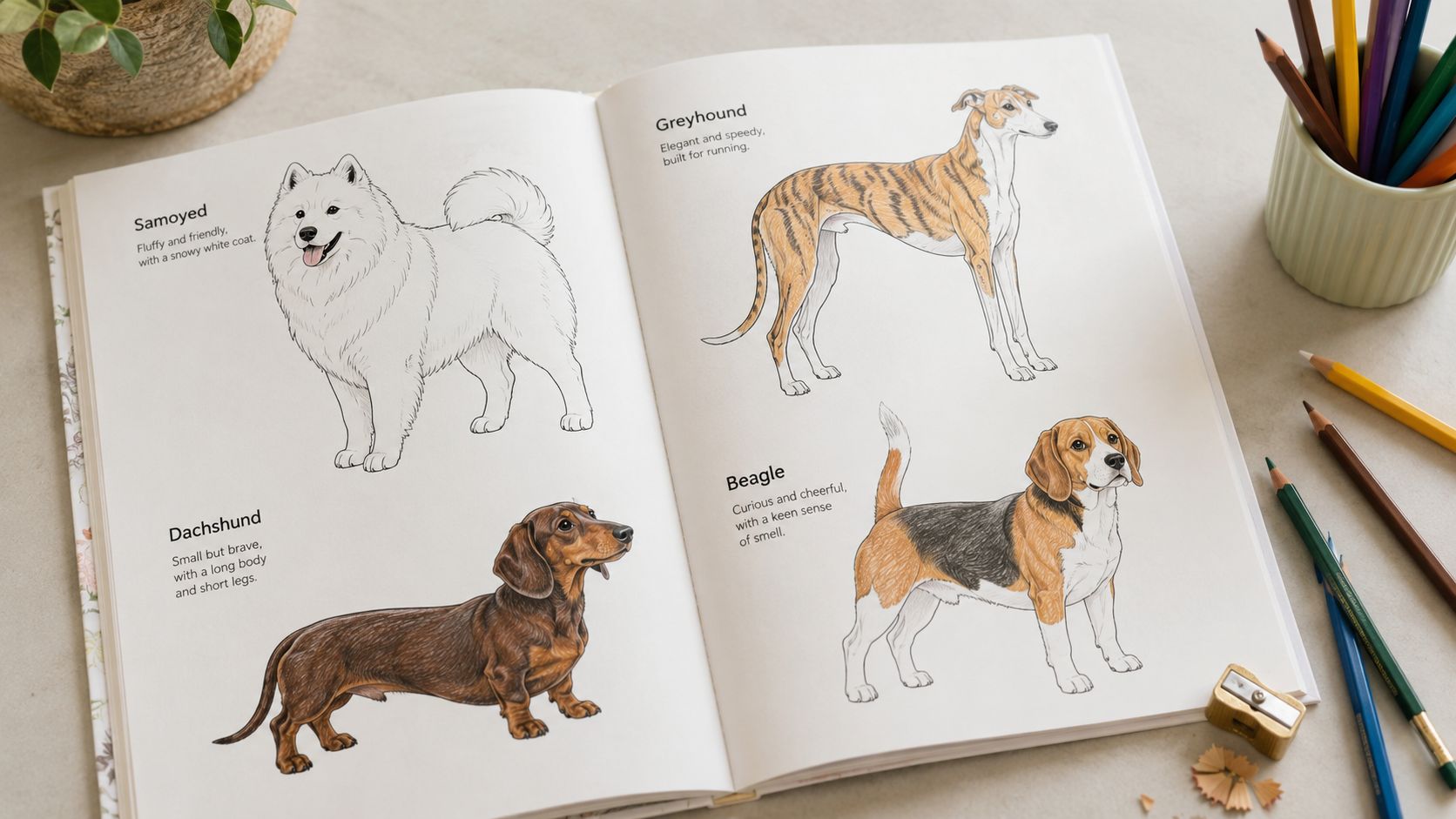 Open coloring book featuring illustrations of Samoyed, Greyhound, Dachshund, and Beagle dog breeds on white pages.