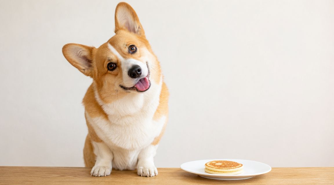 A happy Pembroke Welsh Corgi tilting its head while looking at a small stack of pancakes.