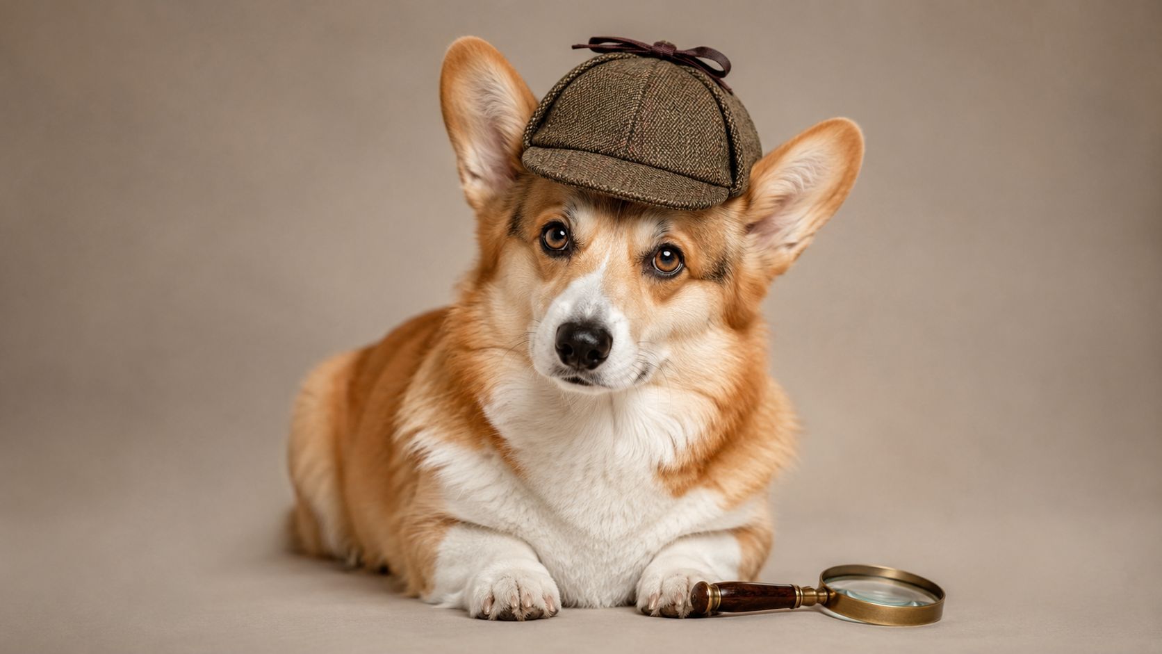 A cute Pembroke Welsh Corgi dog wearing a Sherlock Holmes detective hat with a magnifying glass.