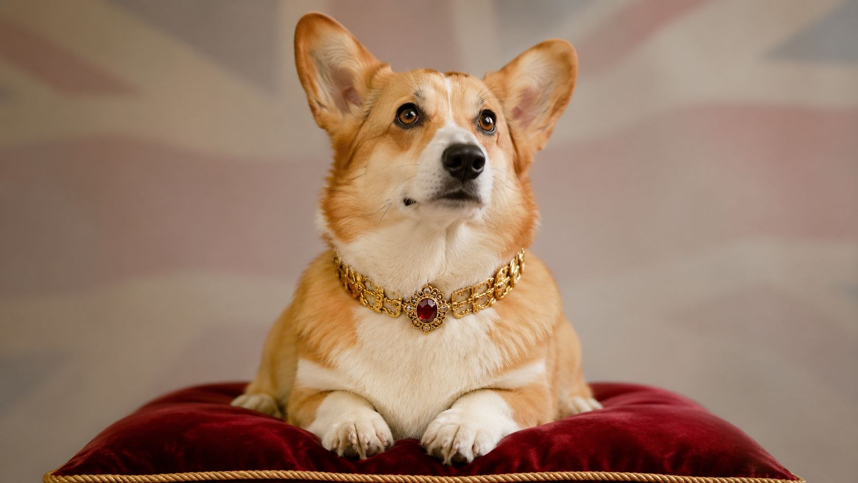 A majestic corgi wearing an ornate gold and red gemstone necklace resting on a red velvet pillow.